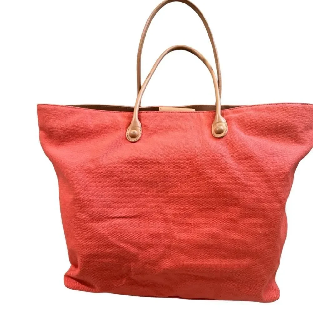 TUSK ITALIAN ORANGE BLUSH CANVAS TOTE HUGE W LARGE FRONT POCKETS, LEATHER STRAPS - Picture 4 of 11